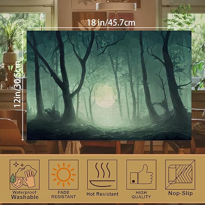 Misty Forest Placemats, 12 x 18 inch, Linen Placemat Kitchen Dining Room Decor Holiday Decor Rustic Vintage Waterproof Washable Placemat Set of 6