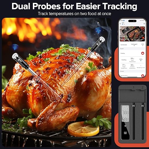 Smart Wireless Meat Thermometer with Dual Probes, Bluetooth & WiFi Combo, High Precision & Fast Response for BBQ, Grill, Smoker, Oven, Air Fryer