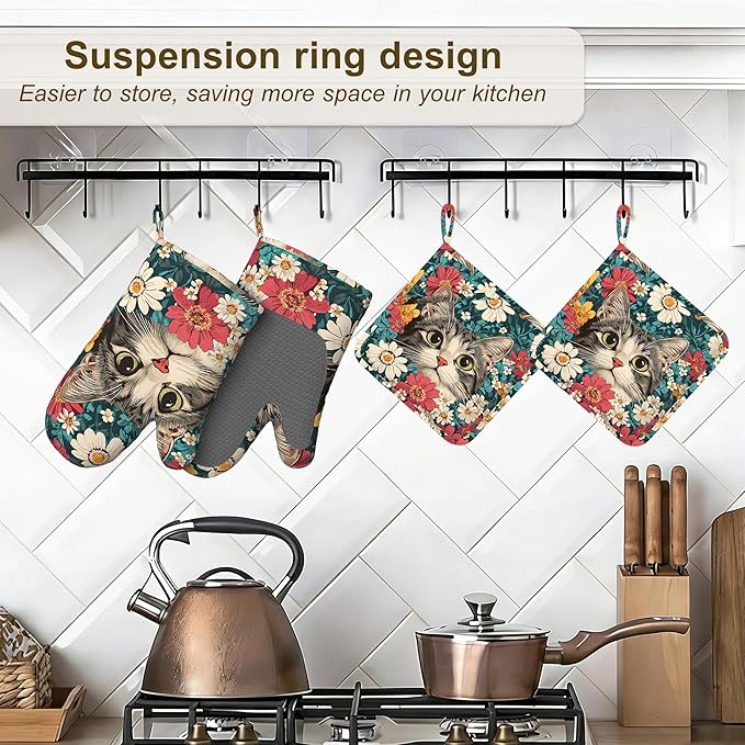 Cute Cat Oven Mitts and Pot Holders Set of 4,Blooming Colorful Flowers Kitchen Oven Glove Heat Resistant Oven Mitts with Non-Slip Silicone for Baking, Cooking, BBQ
