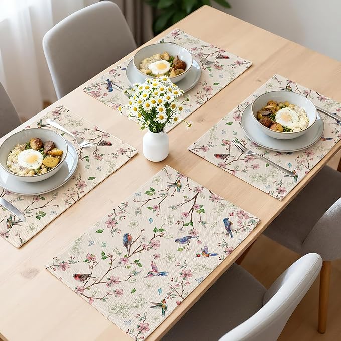 Spring Placemats Set of 4 12x18 inch for Dinning Table - Floral Bird Branch Spring Decor for Party, Dinner - Farmhouse Seaosonal Table Mats Floral Decroations for Home