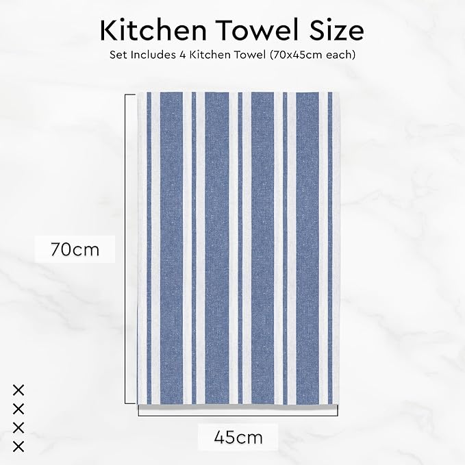 Encasa XO Cotton Kitchen Towel Set | Hand and Tea Cloth for Cleaning & Quick Drying, X-Large 28"x18" (Pack of 4) Highly Absorbent - Franca Blue Stripes