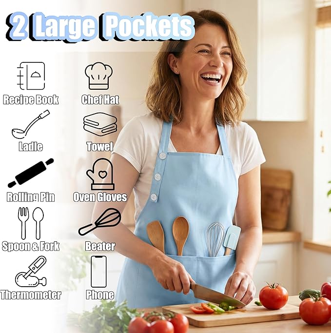 TOSHE Kitchen Apron Waterdrop Resistant Cotton Apron with adjustable Aprons for Women with Pockets 10 Color option Cooking Apron Light Blue (Light Blue)