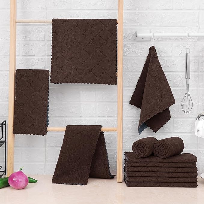 Mordimy 12 Pack Kitchen Towels (20" x 10", Dark Grey & Brown), Super Soft and Absorbent Dish Towels, Coral Velvet Microfiber Cleaning Cloth, Nonstick Oil Fast Dry Dish Cloths