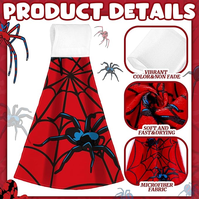 Tegeme 6 Pcs Hanging Kitchen Towels with Loop, Absorbent Hand Tie Towels Microfiber Decorative Fast Drying Kitchen Hanging Towel for Home Bathroom(Spider)