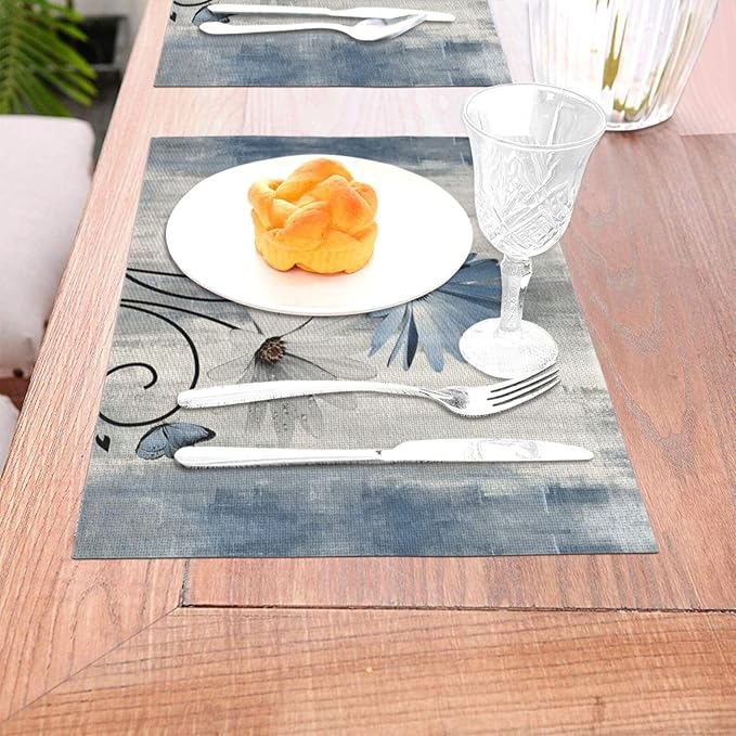 Floral Place mats Set of 4, 12x18 Inches Rustic Blue Daisy Flower Decorative Placemats Rectangle Summer Floral Table Mats for Party Home Kitchen Dining Table Decor