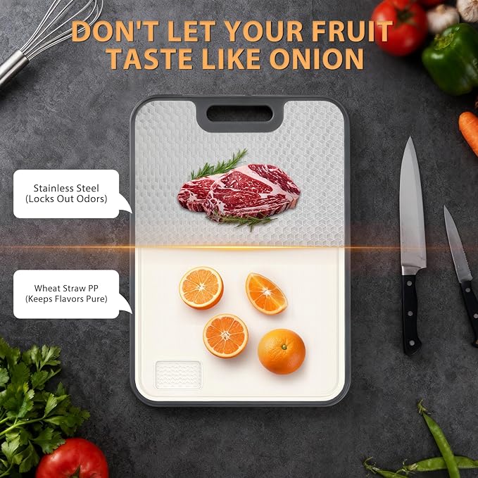 18/8 Stainless Steel Cutting Board, Large Double Sided Chopping Board for Kitchen (17x12"), Food-Grade 304 & Wheat Straw PP, Deep Juice Grooves, Non-Slip & Dishwasher Safe