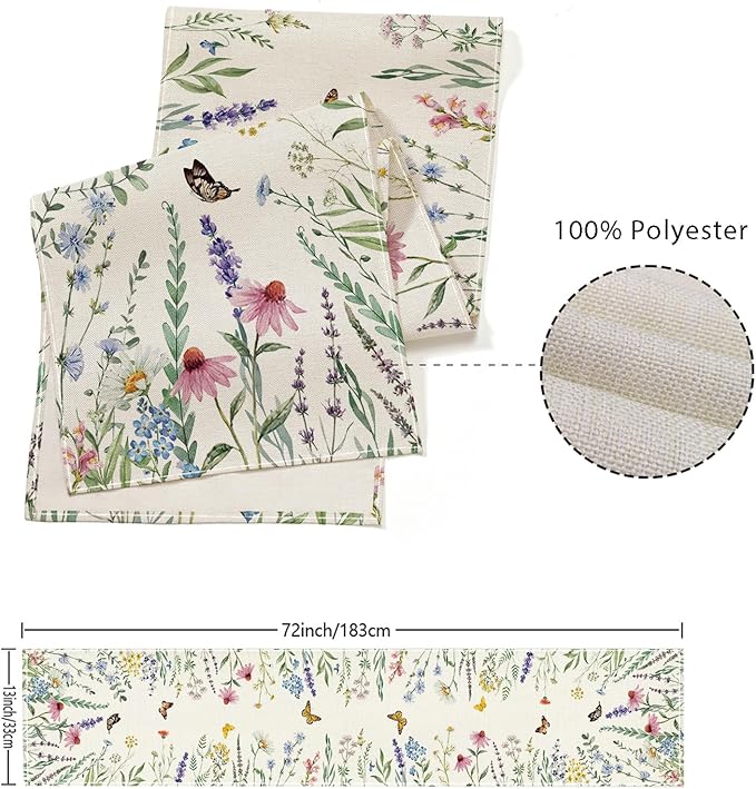ONFAON Spring Decorations for Home,Daisy Eucalyptus Lavender Floral Leaves Summer Table Runner,Seasonal Spring Kitchen Dining Table Decoration for Home Party Decor 13x72 Inch