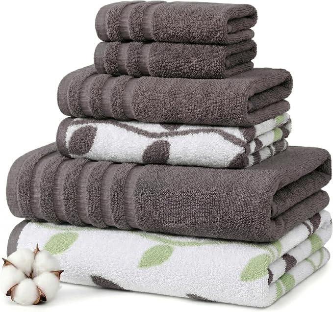 Modern Threads Natural Vine 6-Piece 100% Cotton Towel Set – Yarn Dyed Jacquard – Includes 2 Bath Towels, 2 Hand Towels, 2 Washcloths – Absorbent, Quick Dry, Soft & Durable – Gray