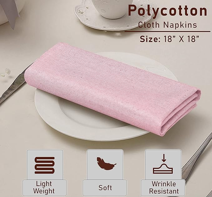 Ruvanti Cloth Napkins Set of 12, 18x18 Reusable Napkins Cloth Washable, Soft & Durable Table Napkin, Poly Cotton Fabric Dinner Napkins for Parties, Christmas, Thanksgiving, Weddings - Pink