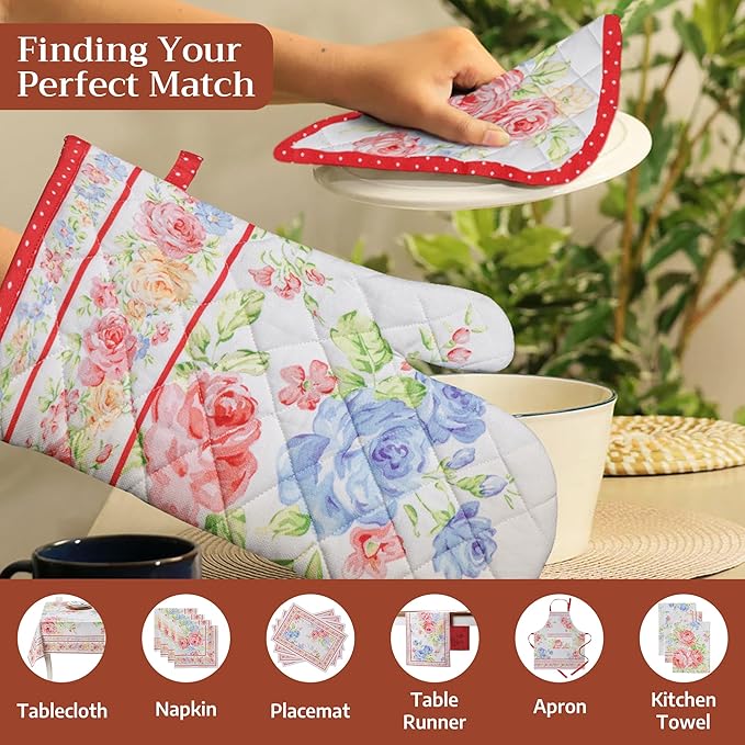 Maison d'Hermine Oven Gloves 100% Cotton Oven Mitt 7" x 13" with Loop Heat Resistant BBQ Cooking Gloves Baking Grilling Gifts for Mothers Day Spring/Summer (Pack of 1, Vintage Floral)