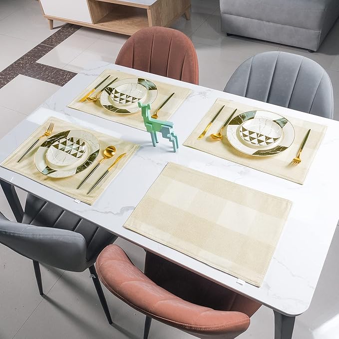 Beige White Buffalo Plaid Placemats 13 x 19 Inches Set of 4,Linen Checkered Double Layer Placemat Decorative Kitchen Table Mats,Waterproof Heat Resistant Durable Cloth Place Mats