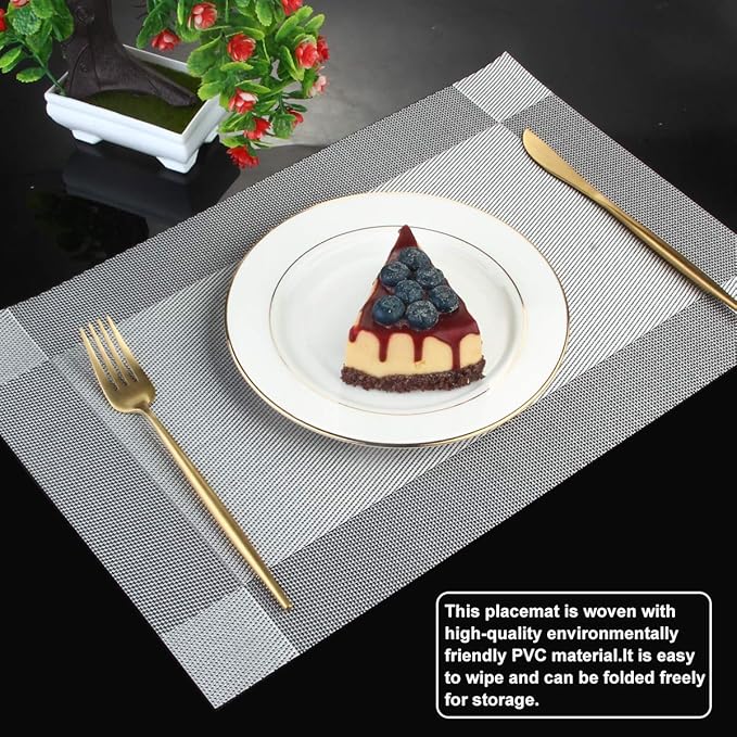 DACHUI Placemats Set of 6, Linen Look Woven Place Mats, Water Resistant, Heat Resistant, Washable, Durable Table Mats (Silver Grey)