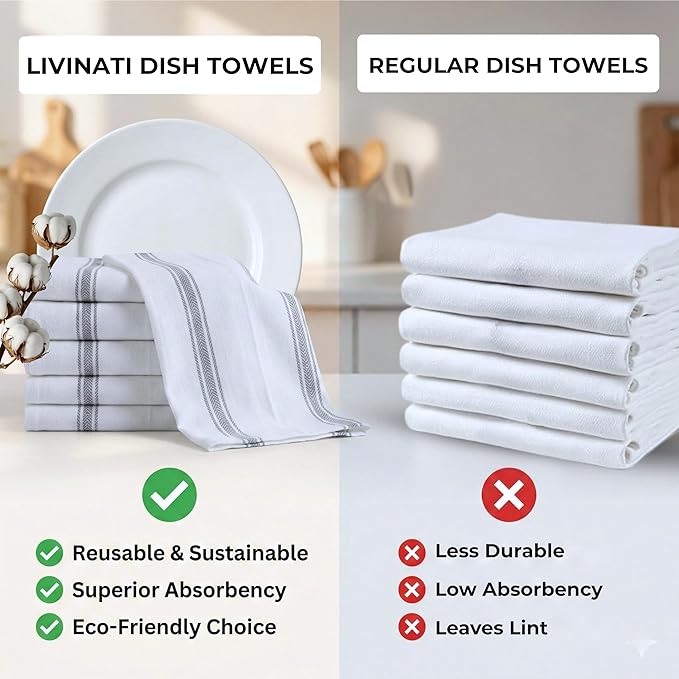 Bulk Kitchen Towels Cotton for Chefs in Commercial Restaurants - 15"X25" - 12 Pack - White Linen Tea Dish Towels - Lint Free Soft Absorbent Side Gray Striped Herringbone Weave Towles