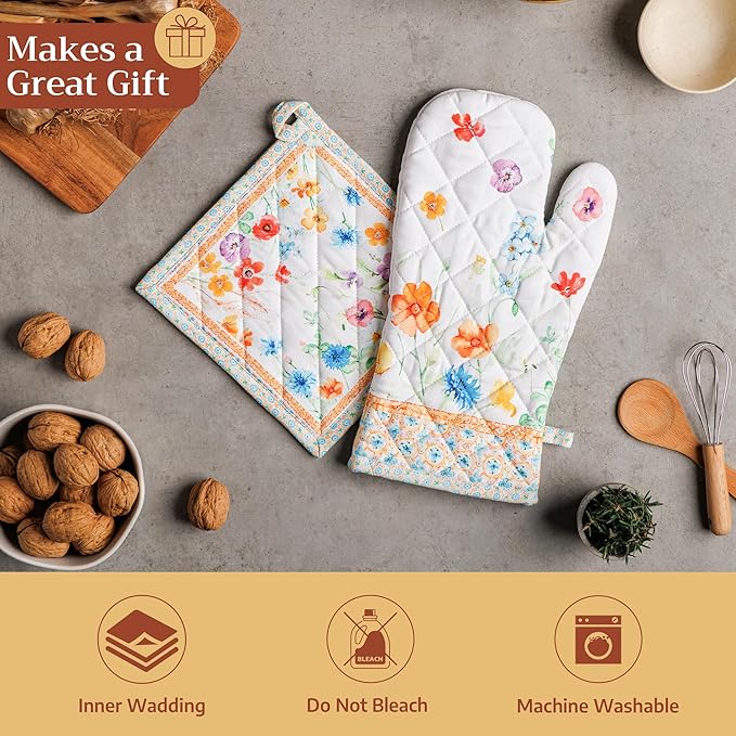 Maison d' Hermine Pot Holders 100% Cotton Heat Resistant Potholders 8" x 8" Hot Pads with Loop BBQ Cooking Baking Gifts for Mothers Day Handling Hot Pans Spring/Summer (Pack of 2, Summer Whisper)