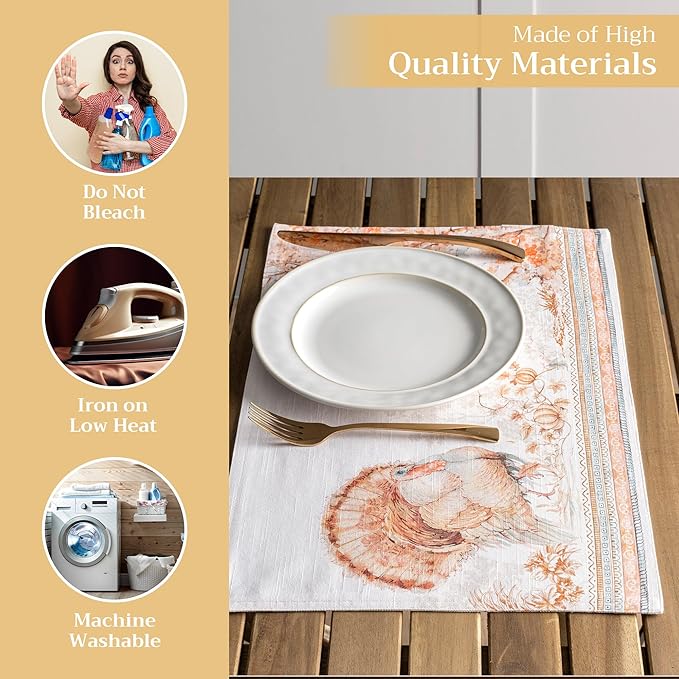 Maison d' Hermine Placemats Set of 4 100% Cotton Washable Cloth Place Mats, Reusable Table Mats for Thanksgiving Christmas Decorations Kitchen Dining Party Wedding (Giving Thanks, 13" x 19")