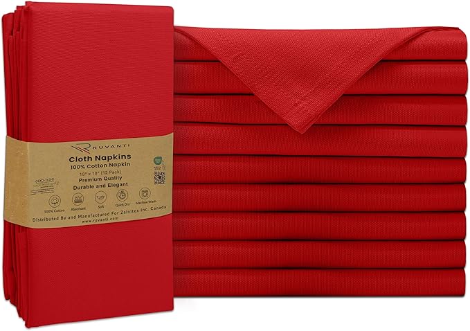 Ruvanti Cloth Napkins Set of 12, 100% Cotton High GSM 18x18 Inches Soft, Washable, Highly Durable & Absorbent, Perfect for Parties, Christmas, Thanksgiving Dinners – Flame Scarlet