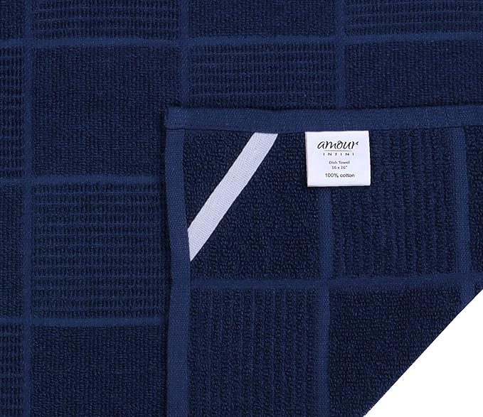 AMOUR INFINI Kitchen Towels Pack of 4, Terry Cotton Dish Towels, Ultra Absorbent, Quick Drying Hand & Tea Towels, Soft Durable Cleaning Cloths with Hanging Loop, 16 x 26 Inch (Navy/Blue)