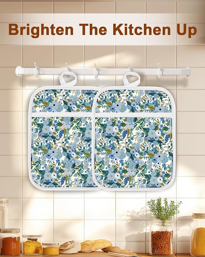 Swooflia 100% Cotton Pot Holders 2 Pack Set for Kitchen with Pockets - Cute 440°F Heat Resistant Oven Hot Pads Heavy Duty for Countertop Home Cooking Baking Microwave BBQ Vintage Flower