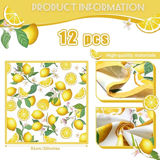12 Pcs Lemon Cloth Napkins Lemon 20"x20" Washable Dinner Tea Party Napkins for Kitchen Party Wedding Restaurant Indoor Outdoor Botanical Fresh Spring Summer