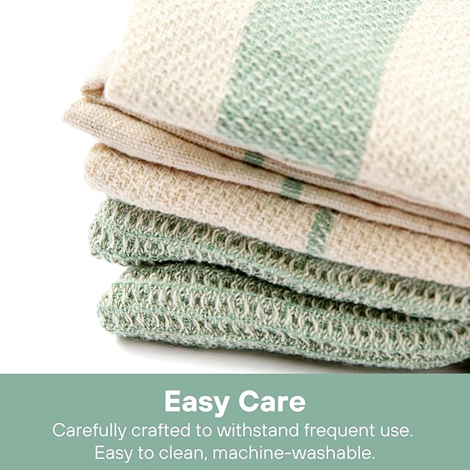 MEEMA Upcycled Spring Kitchen Towels Cotton Fabric | Super Absorbent Hand Towels with Hanging Loop | Cleaning Rags and Dish Towels for Kitchen | Sage Green Stripes | Large 18 x 28 Inch | 4-Pack