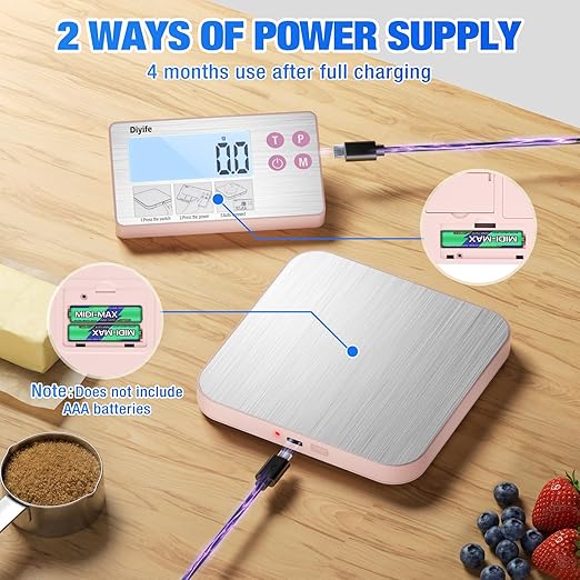 33lb Rechargeable Kitchen Scale, Diyife 304 Stainless Steel Food Scale with Detachable Display, 1g/0.1oz Precise Graduation, Magnetic, Backlit LCD, Tilt Stand, for Baking, Cooking, Meal Prep (Pink)