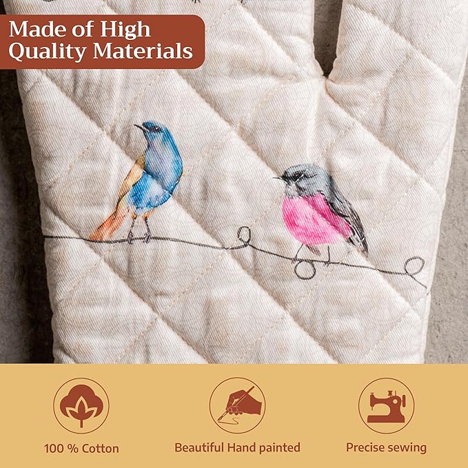 Maison d'Hermine Oven Gloves 100% Cotton Oven Mitt 7" x 13" with Loop Heat Resistant, BBQ, Cooking Gloves, Baking, Grilling, Kitchen, Handling Hot Pans Spring/Summer (Pack of 1, Birdies On Wire)