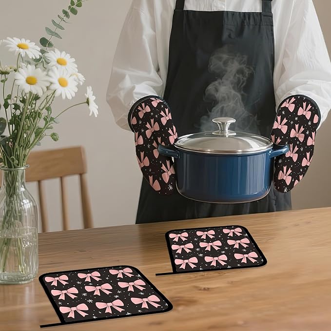 Cute Pink Bow Oven Mitts and Pot Holders,Heat Resistant Oven Mitts Gloves and Pot Holder for Home Kitchen Decorations Cooking Baking BBQ Gifts,Set of 4