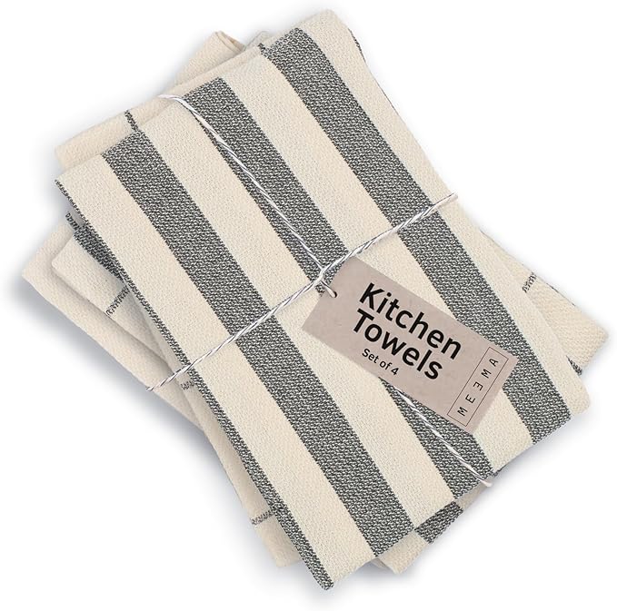 MEEMA Upcycled Spring Kitchen Towels Cotton Fabric | Super Absorbent Hand Towels with Hanging Loop | Cleaning Rags and Dish Towels for Kitchen | Blue Striped | Large 18 x 28 Inch | 4-Pack