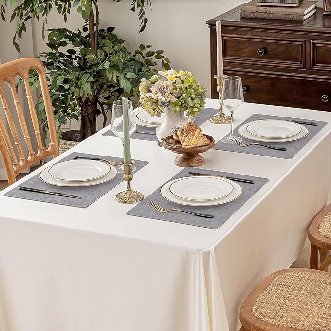 Romanstile Vinyl Placemats Set of 8-12 X 17 Inch - Heat Resistant Non-Slip Embossed Floral Place Mats 100% Waterproof Oilproof Wipeable Faux Leather Table Mats for Kitchen/Dining/Party, Grey