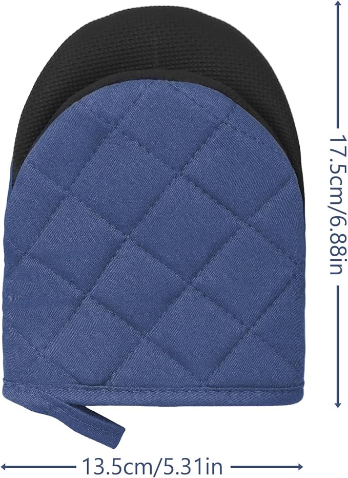Short Oven Mitts, Heat Resistant 500°F, Silicone Grip Kitchen Gloves, Non-Slip for Baking, Grilling, BBQ, Machine Washable with Hanging Loop, 2-Pack Set, Denim Blue