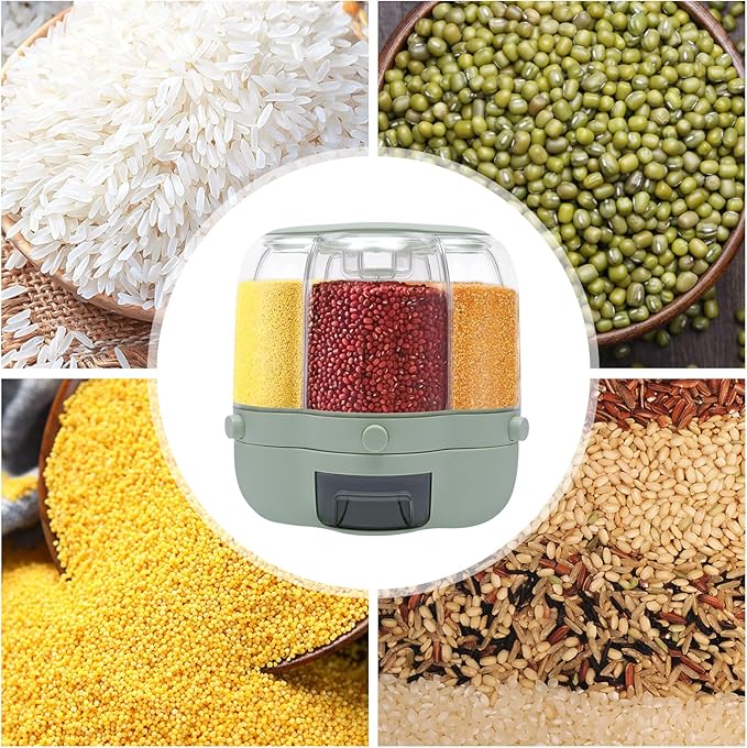 6 Grids Grain Dispenser Can, 360°Rotating Cereal Rice & Grain Storage Container with Lid Rotatable Sealed Food Storage Bucket Dry Food Dispenser for Grains Beans (17.63Lbs Matcha Color)