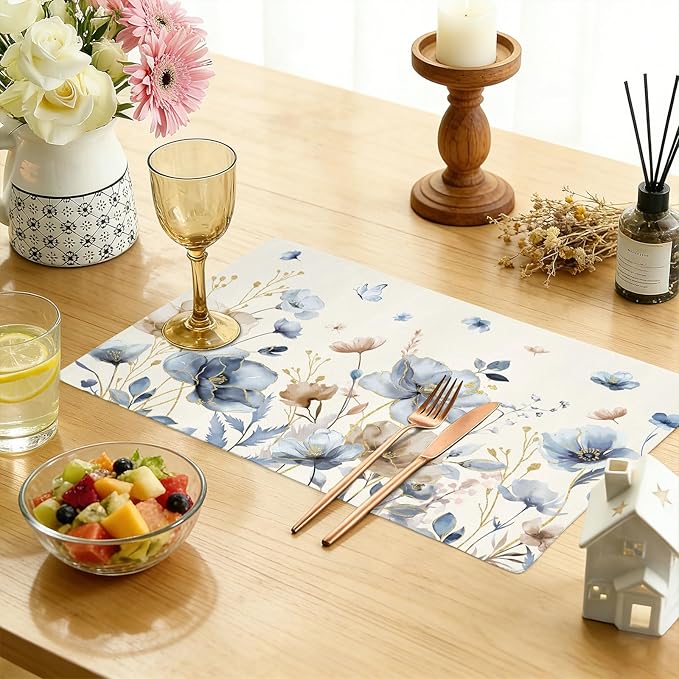 comfoyar Brown Grey Poppy Flowers Placemats Set of 4, 12x18 Inch Non-Slip Linen Spring Watercolour Floral Place Mats, Washable Absorbent Vintage Table Mats for Kitchen Dining Party Table Decoration