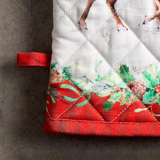 Maison d' Hermine 100% Cotton Oven Mitt & Pot Holder Set (7.5"x13" & 8"x8") Heat Resistant BBQ Cooking Gloves with Loop for Thanksgiving Christmas Decorations Handling Hot Pans (Christmas Tradition)