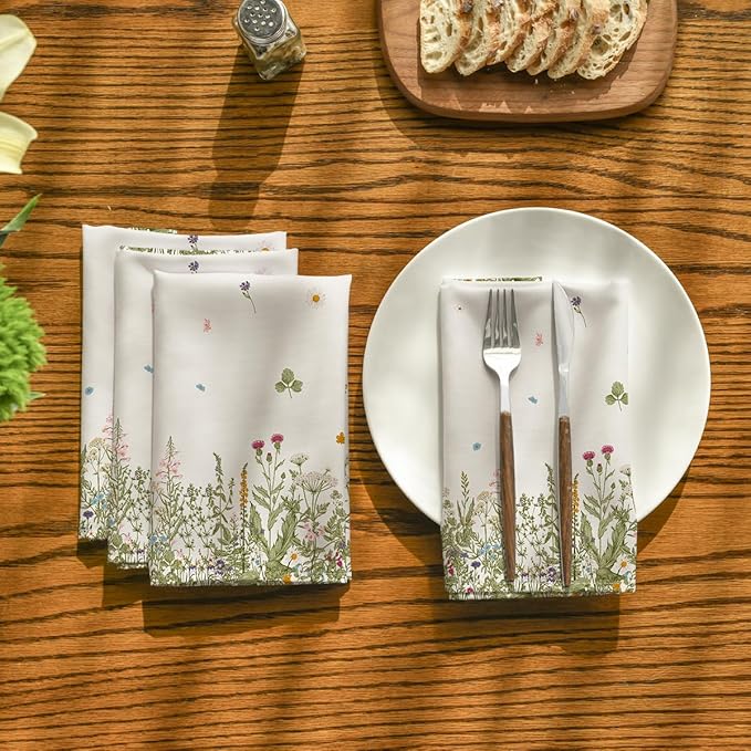 Horaldaily Spring Summer Cloth Napkins 18 x 18 Inch, Wild Flowers Floral Party Dinner Decoration Washable Napkins Set of 6