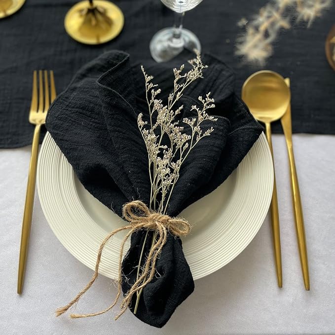 EHLDekol Gauze Cloth Napkins 6 Pack 16x16 Inches 100% Natural Soft Cotton Weddings Decorative Parties Family Everyday Use Bulk Linen Dinner Napkins (Black, 6 Pack)