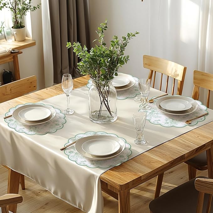 60 Pcs Sage Green Floral Paper Placemat, 13.5 Inch Disposable Scalloped Table Mats Wedding Placemats,Vintage Floral Banquet Place Mats for Mother's Day Wedding Bridal Tea Party Wildflower Party Decor