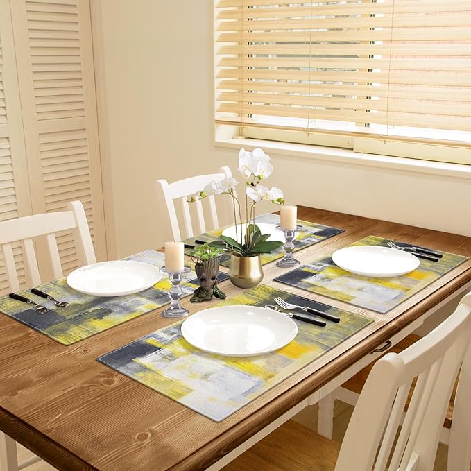 Emvency Farmhouse Placemats Set of 4, Vintage Yellow and Dark Gray Abstract Art Painting 12x18 Inch Table Mats for Outdoor Home Party Kitchen Dining Decoration