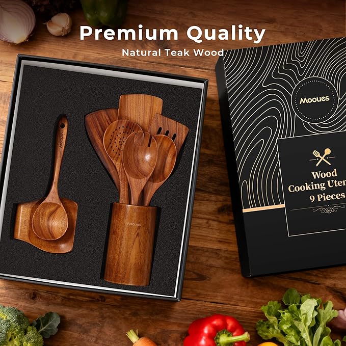 Mooues Wooden Spoons for Cooking, Wooden Utensils for Cooking Natural Teak Wooden Kitchen Utensils Set Comfort Grip(9 PCS SET GIFT BOX)