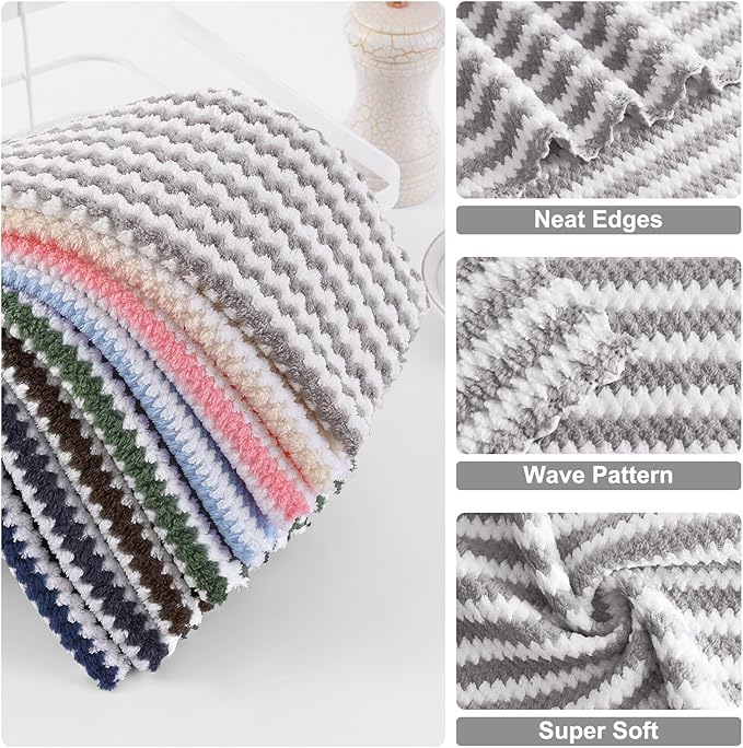 Homaxy 18 Pack Kitchen Dish Cloths, Ultra Soft and Absorbent Dish Towels, Reusable Fast Drying Microfiber Cleaning Cloth, Coral Velvet Wave Design No-lint,10 x 10 inches, Grey