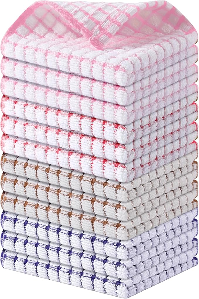 Kitinjoy Cotton 12 Pack Terry Kitchen Dish Cloths, 12 x 12 Inches Super Soft and Absorbent Dish Rags, Quick Drying Dish Towels for Washing Dishes, Mix Colour
