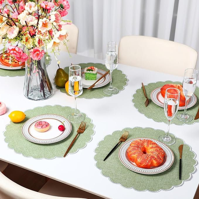 Set of 6 Round Placemats 15 Inch Cotton Scalloped Embroidery Placemat Washable Double Layered Rustic Dinner Table Mat Decor Fabric for Hotel Restaurant Kitchen(Green/White,Classic)