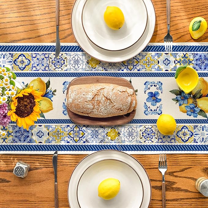 Artoid Mode Lemon Flowers Blue and White Porcelain 210 GSM Summer Table Runner, Seasonal Spring Kitchen Dining Table Decoration for Home Party Decor 13x90 Inch