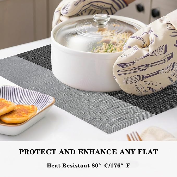 Black Gray Placemats Set of 2 - Heat Resistant Non-Slip Place mats for Dining Table, Washable Durable PVC Vinyl Woven Table Mats (Black Gray, 2)