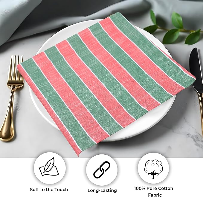 Urban Villa Christmas Cloth Napkin Xmas Stripes Dinner Napkins Set of 12 Red Green White 100% Cotton Reusable Washable Absorbent Soft Cloth Napkins 20”X20”Ideal for Everyday Use Christmas Parties