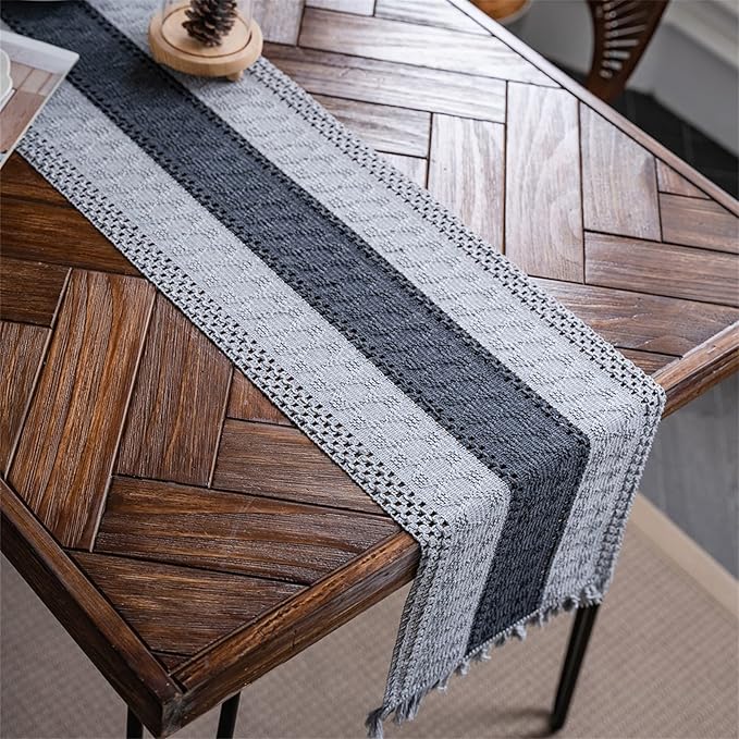 Alynsehom Macrame Table Runner Grey Boho Table Runners with Tassels Hand Woven Cotton Table Runner Rustic Farmhouse Table Runners for Bohemian Kitchen Dining Table(12x95in)