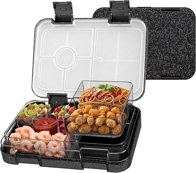 Bento Lunch Box for Kids, Plastic Lunch Box Case, 5/6 Tritan Compartments, BPA free, deal Portion Sizes for On-the-Go Meal, Shiny Black and Clear