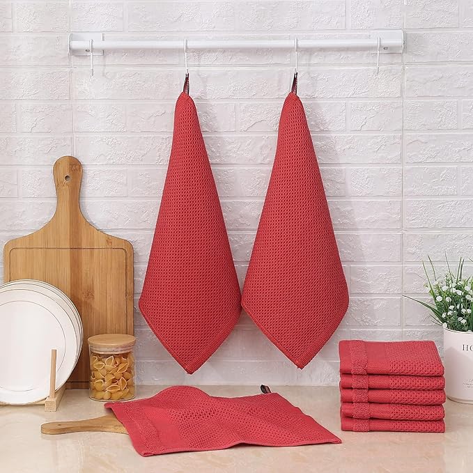 Homaxy 100% Cotton Dish Cloths, 8 Pack - 12 x 12 Inches, Waffle Weave Super Soft and Absorbent Dish Towels Quick Drying Dishcloths, Red