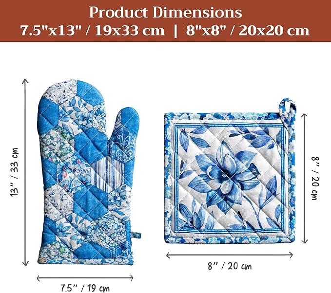 Maison d' Hermine 100% Cotton Oven Mitt & Pot Holder Set (7.5"x13" & 8"x8") Heat Resistant BBQ Cooking Gloves with Loop Baking Grilling Kitchen Gifts for Mothers Day Spring/Summer (Summer Blues)