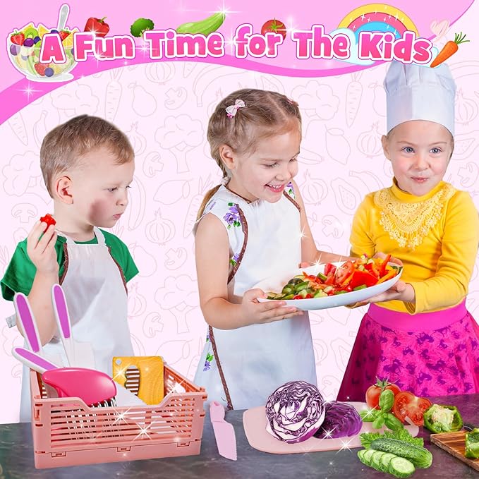 Kids Kitchen Knife Set for Real Cooking & Basket,Montessori Toys for 3 4 5 6 7 8 9 10 Year Old Girls Birthday Gifts, Toddler Knife Set, Toddler Kitchen Tools