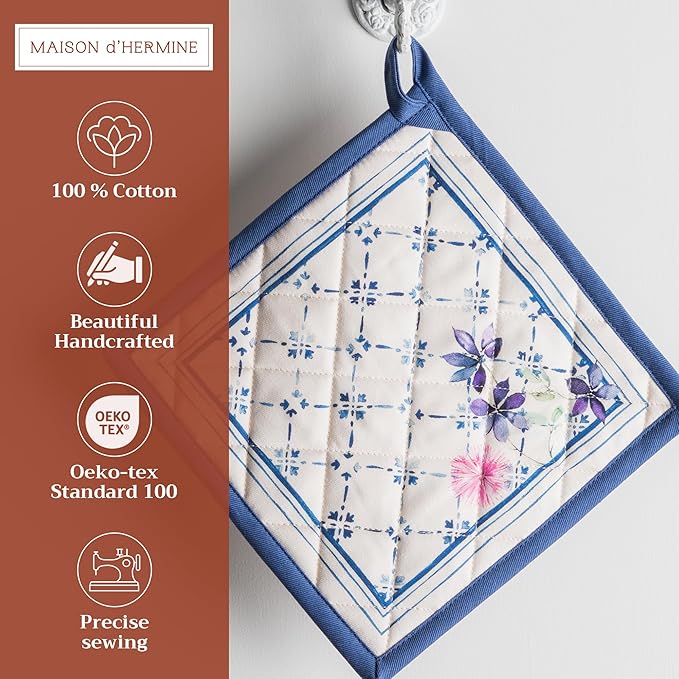 Maison d' Hermine Pot Holders 100% Cotton Heat Resistant Potholders 8" x 8" Hot Pads with Loop BBQ Cooking Baking Gifts for Mothers Day Handling Hot Pans Spring/Summer (Pack of 1, Faience)